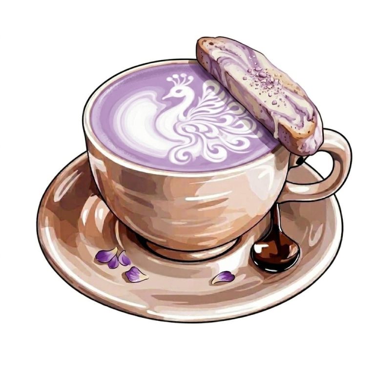 Taza de café con arte de leche en forma de pavo real y galleta sobre el borde.